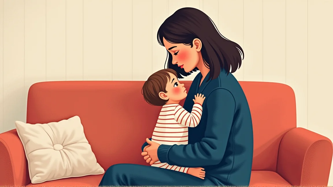 ソファでひざの上の小さな息子を見つめる母親