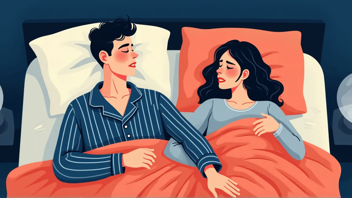 ベッドで熟睡する男性と、隣で眠れずにいる女性のイラスト